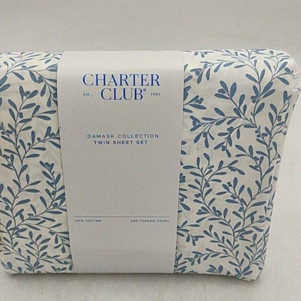 Charter Club Damask Collection Twin Sheet Set Blue 550TC Cotton Bedding
